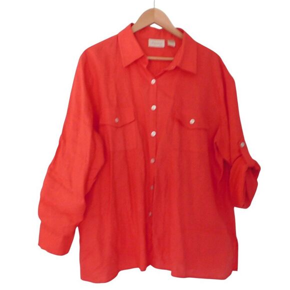 Womens Size 2X Red Orange Linen Tunic Button up Roll Tab Sleeve - Picture 1 of 6